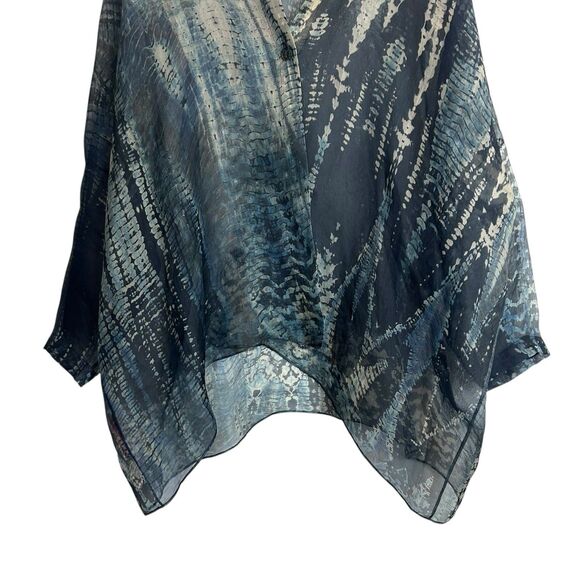 Harari 100% Silk Sheer Poncho Top Blouse Kaftan One Size Blue Black Abstract - Picture 3 of 6